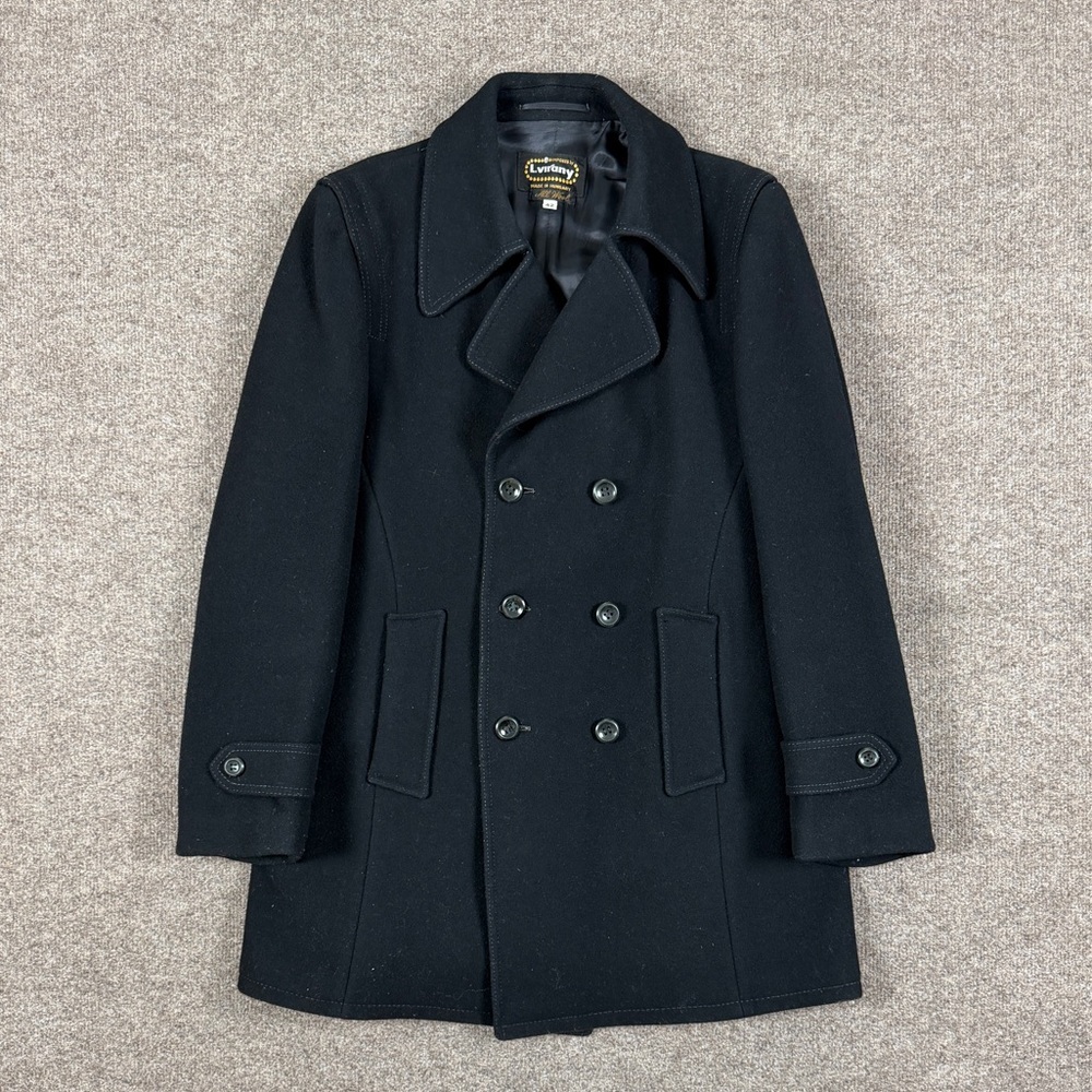 Vintage Virany Black Wool Double Breasted Pea Coat Men’s 42 Preppy Winter Jacket